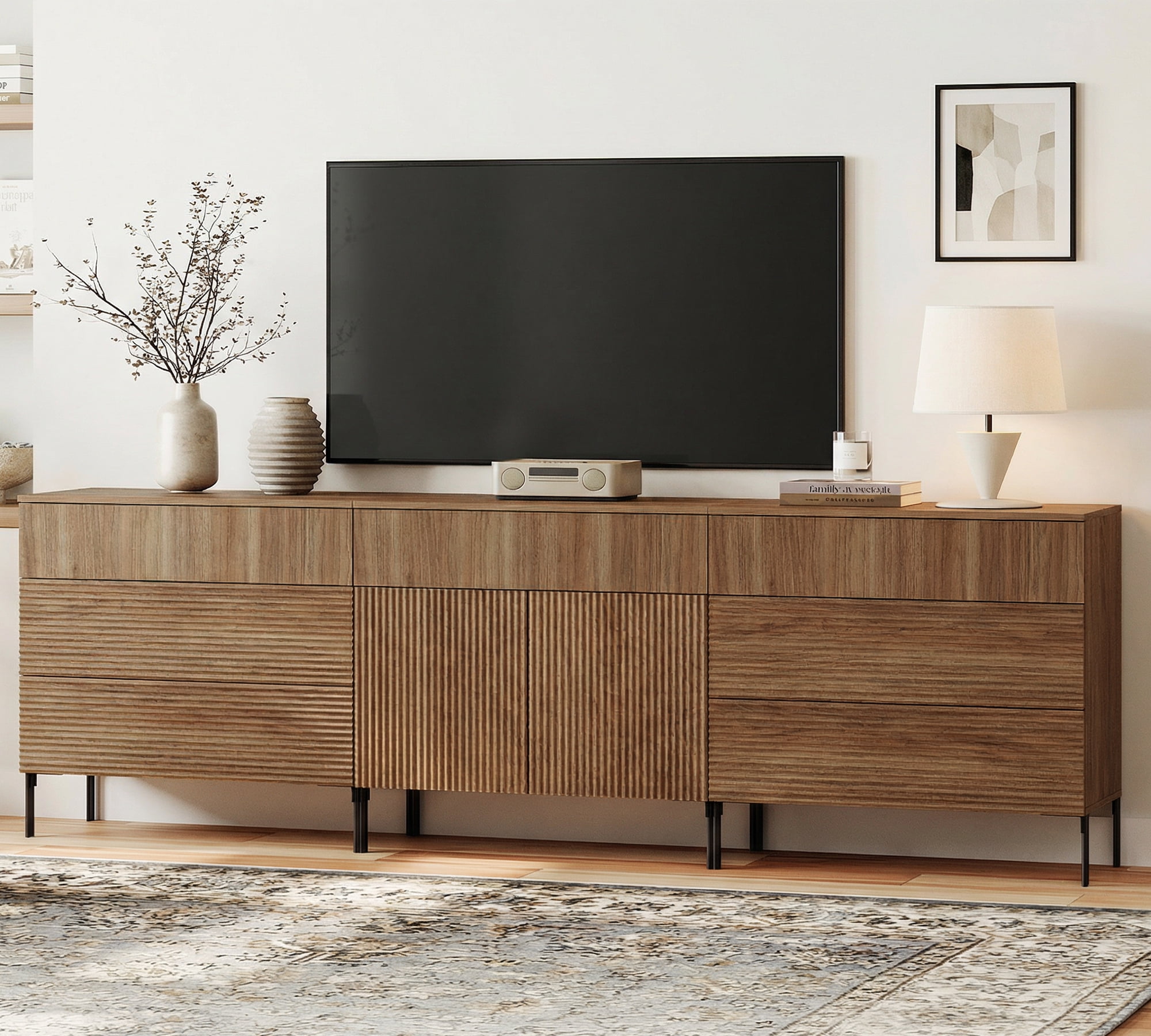 94.5" Reeded Accent Chest Set with Doors and Drawers, Modern Credenza Storage Cabinet with Metal Legs for Living Room, Kitchen, Dining Room, Hallway