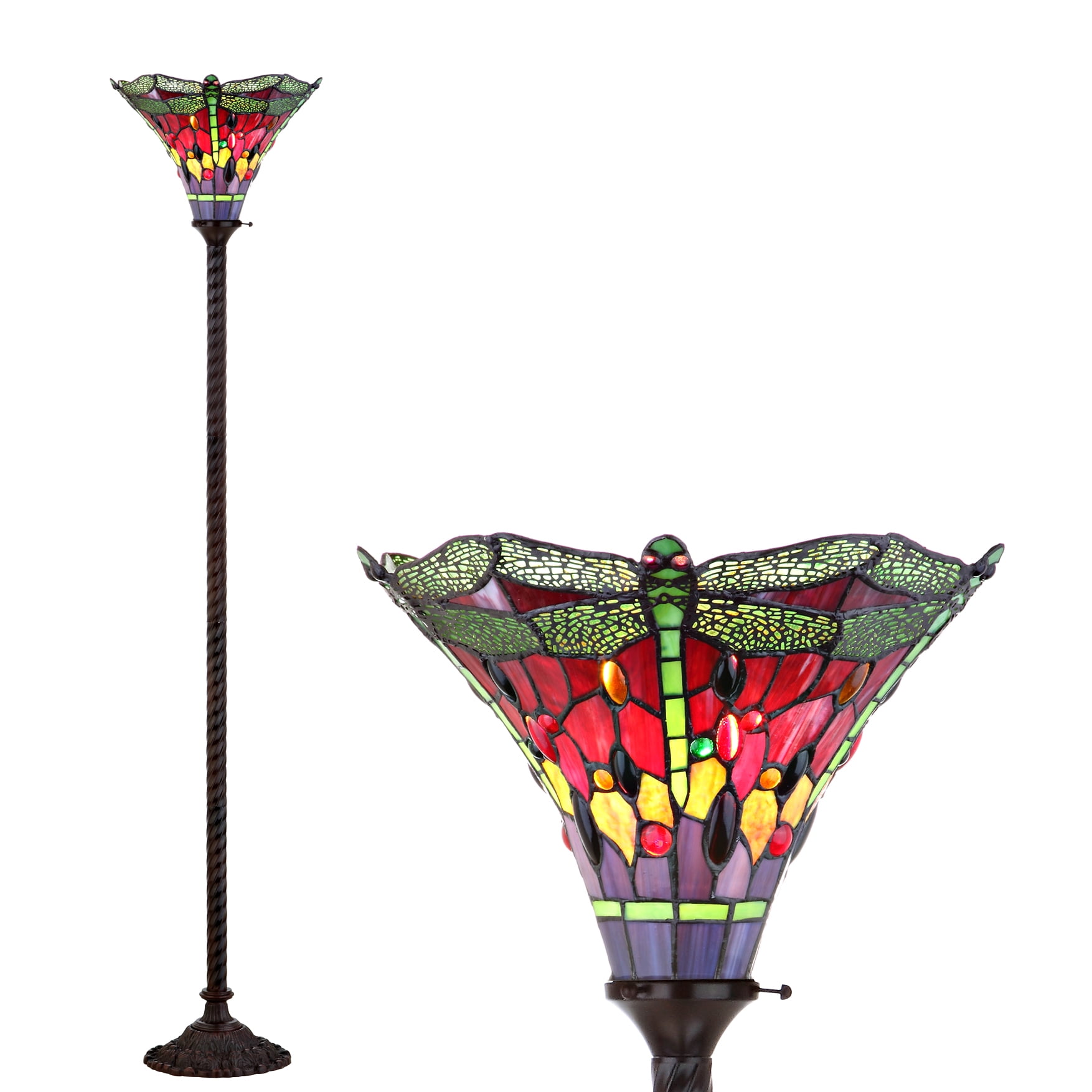 Dragonfly Tiffany-Style 71" Torchiere Floor Lamp, Bronze/Green