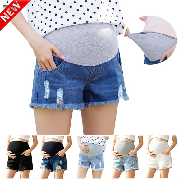 Tqyyweavej Maternity Denim Shorts Distressed Over The Belly Ripped Pregnancy Shorts Frayed Hem Stretch Jean Shorts with Pockets, Gifts for Women