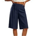 thumbnail image 5 of AHTJRT Tie Side Capri Pants for Women High Waist Knee Length Stretchy Breathable Summer Wide Leg Cotton Linen Capris with Pockets Dark Blue L, 5 of 10