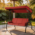 thumbnail image 2 of BaPiPro 3-Seat Metal Patio Swing with Adjustable Canopy, Cushions, Foldable Side Table, 2-in-1 Design for Patio, Garden, Porch, Red, 2 of 9
