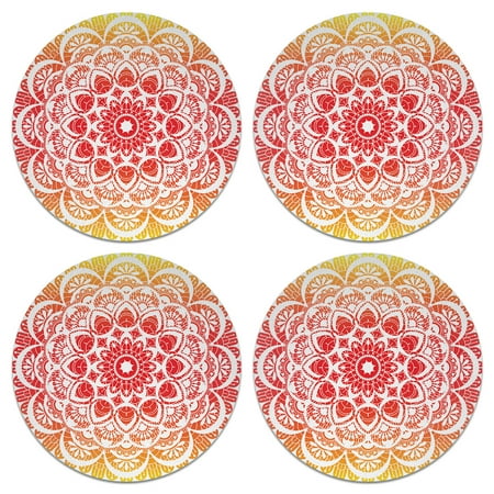 - Caribou Drink Round Coaster Set of 4, Red Orange Mandala