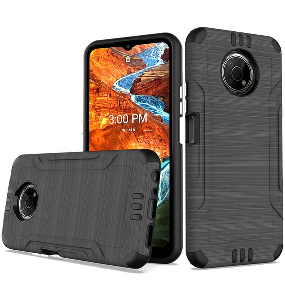 For Nokia G300 Hybrid Dual Layer Slim Defender Armor Tuff Metallic Brush Texture Finishing Shockproof Hard PC   TPU Rubber Cover ,Xpm Phone Case [Gray]