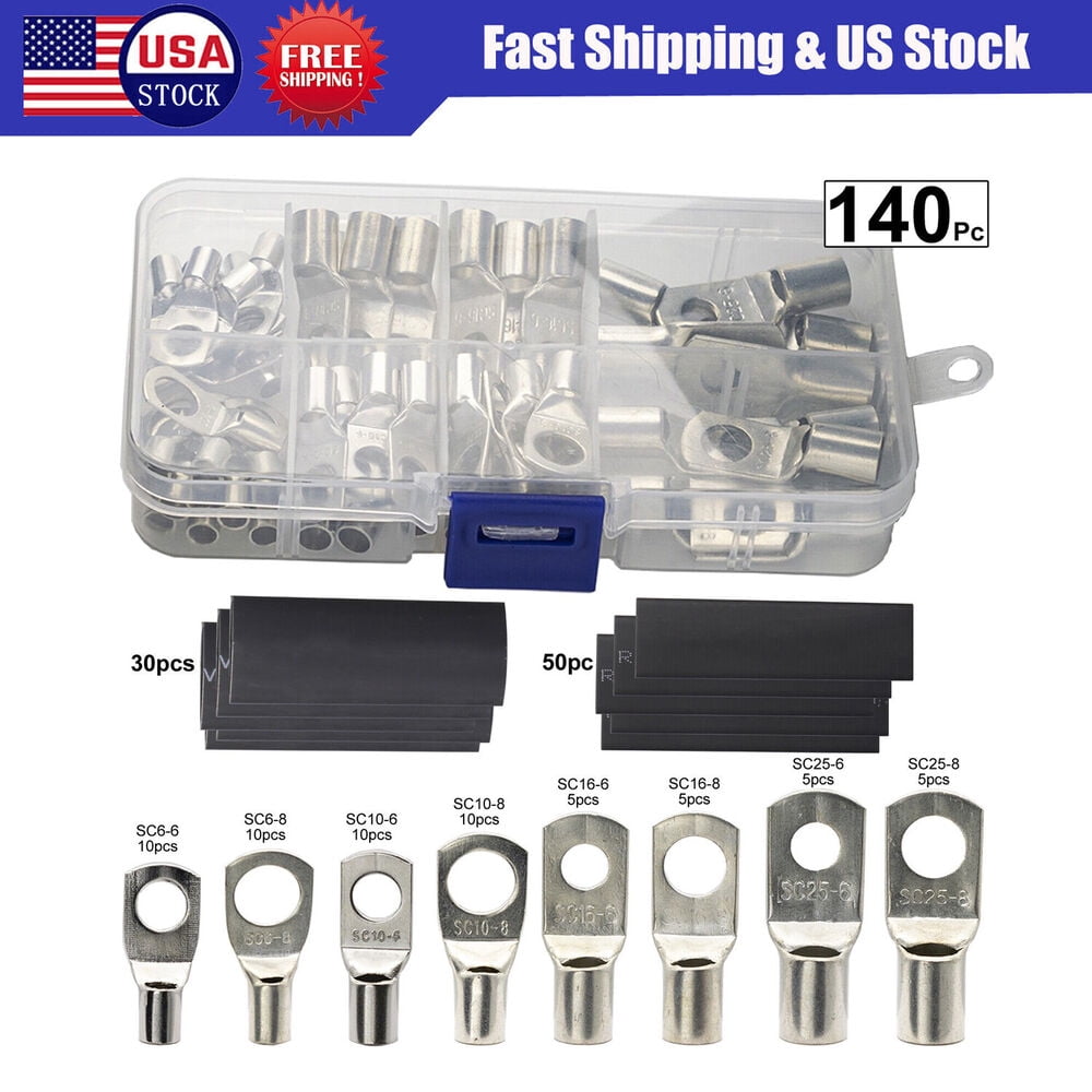 140PCS Silver Cable Lugs Copper Ring Crimp Terminal Kit Car Battery