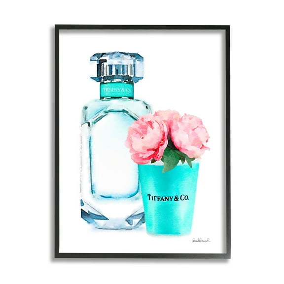 The Stupell Home Decor Collection Teal Blue Perfume Bottle and Pink Peonies Framed Giclee Texturized Art, 11 x 1.5 x 14