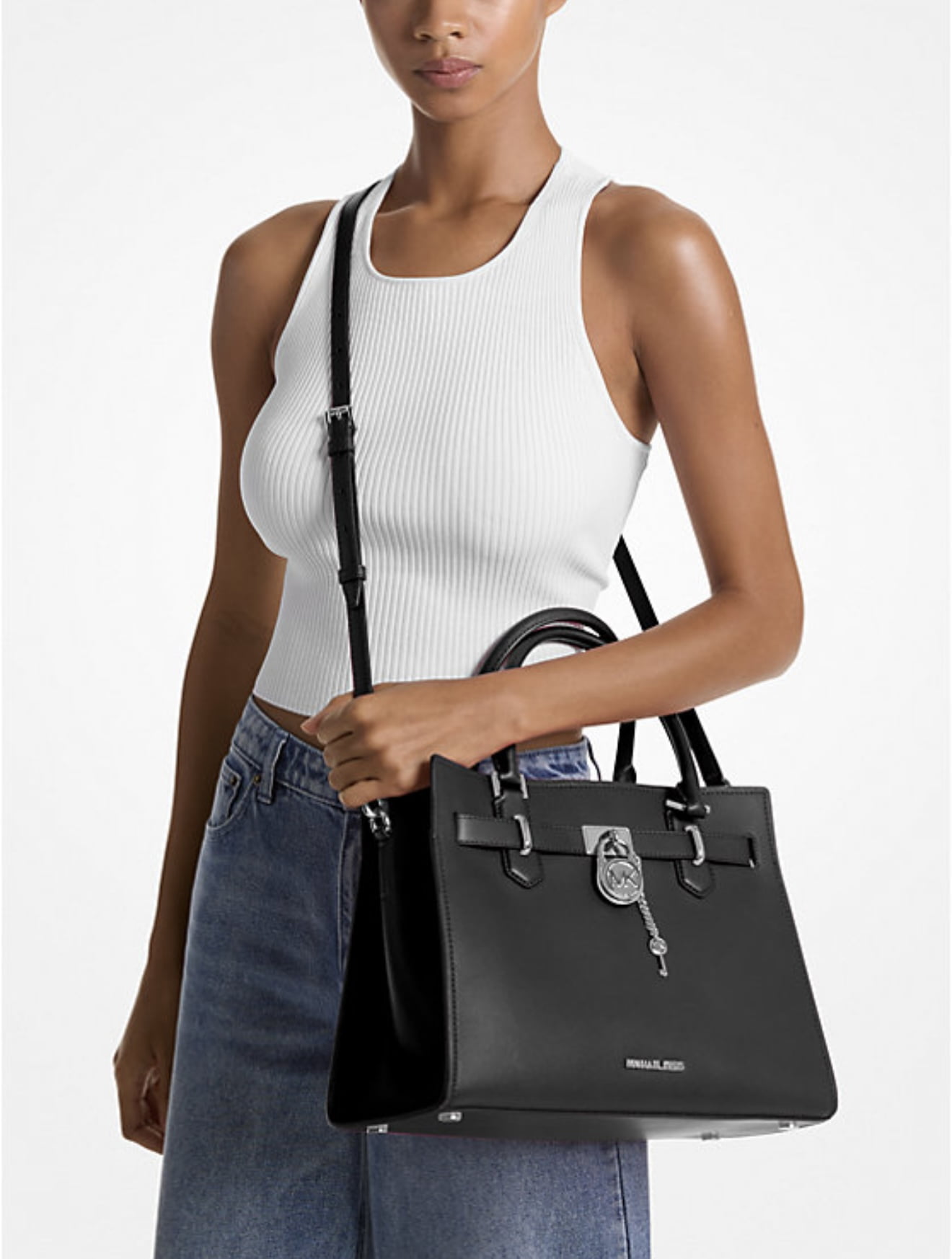 Michael Kors Hamilton Medium Crossbody Satchel Handbag Leather Bag (Black)