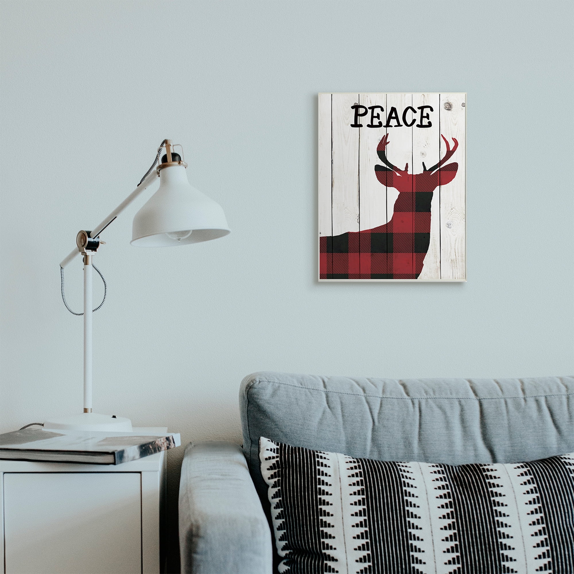 Stupell Industries Checker Plaid Reindeer Rustic Peace Text Holiday Painting Wall Plaque Art Print Wall Art, 13 x 19