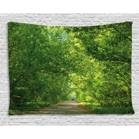Landscape Tapestry, Fresh Forest Canopy Trees over Footpath in an Old Park People Walking Natural Scenery, Wall Hanging for Bedroom Living Room Dorm Decor, 60W X 40L Inches, Green, by