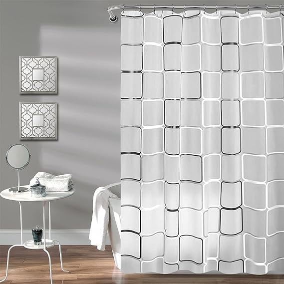 Black White Lattice Plastic Shower Curtains for Bathroom Decor, Waterproof Clear  Shower Curtain Hooks Set,Contemporary Bathroom Curtains 71 x 71 