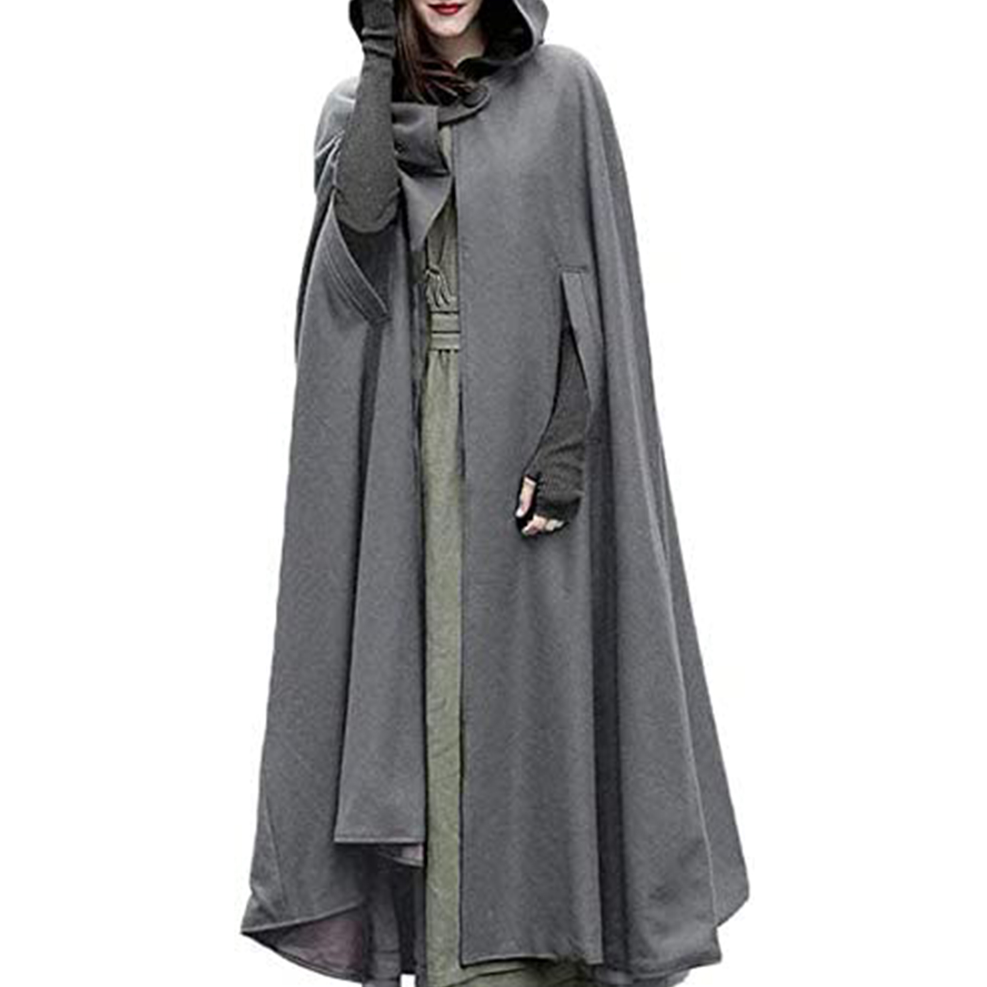 HUIJZG Women Long Cape Warm Wool Hooded Cloak Jacket Windproof Vintage