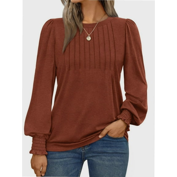 Womens Long Sleeve Tops Dressy Casual Shirts Pleated Crewneck Basic Blouses Fall Trendy Outfits