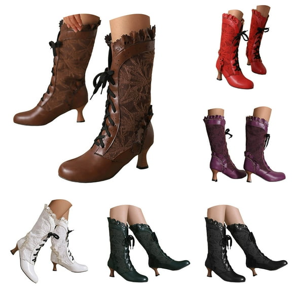 Dakaela Vintage Victorian Boots for Women Kitten Heel Knee High Booties Retro Lace up Goth Witch Shoes