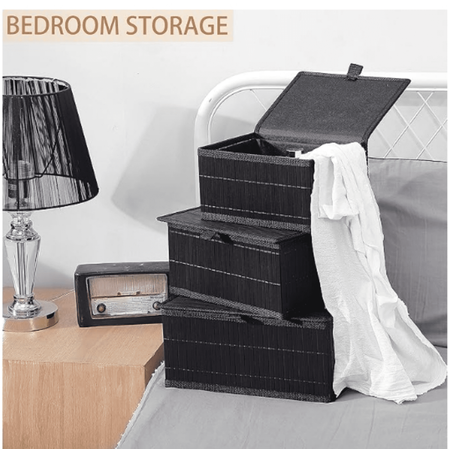 Bamboo D rative Storage Boxes - Set of 3 Woven Lined Storage Basket with Lids, Black Wicker Lidded Baskets for Home Kitchen Shelf Organizer D r