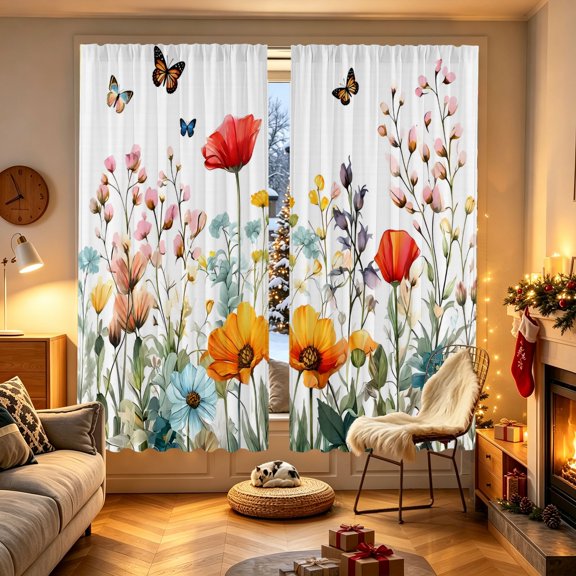 1/2pcs Multicolor Garden Wildflower Butterfly Printed Window Curtain, 53.9x17.7/27.5x39.3/27.5x59 inch, Polyester, Breathable, Indoor Household Decor