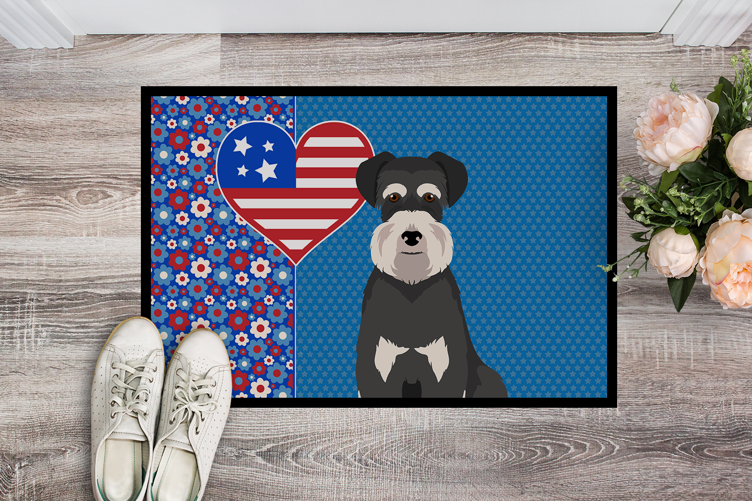 Black and Silver Natural Ears Schnauzer Indoor or Outdoor Mat 24x36 36 in x 24 in