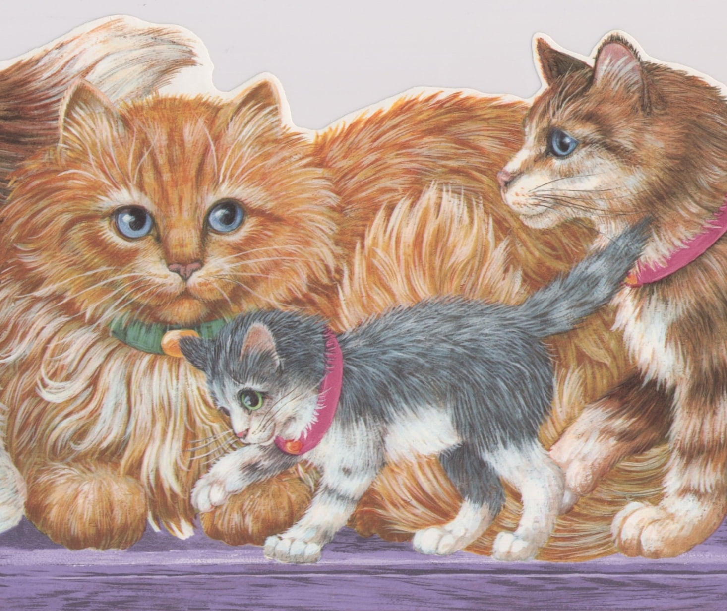 Wallpaper Border Cats Kittens with Green and Blue Collars on Mauve