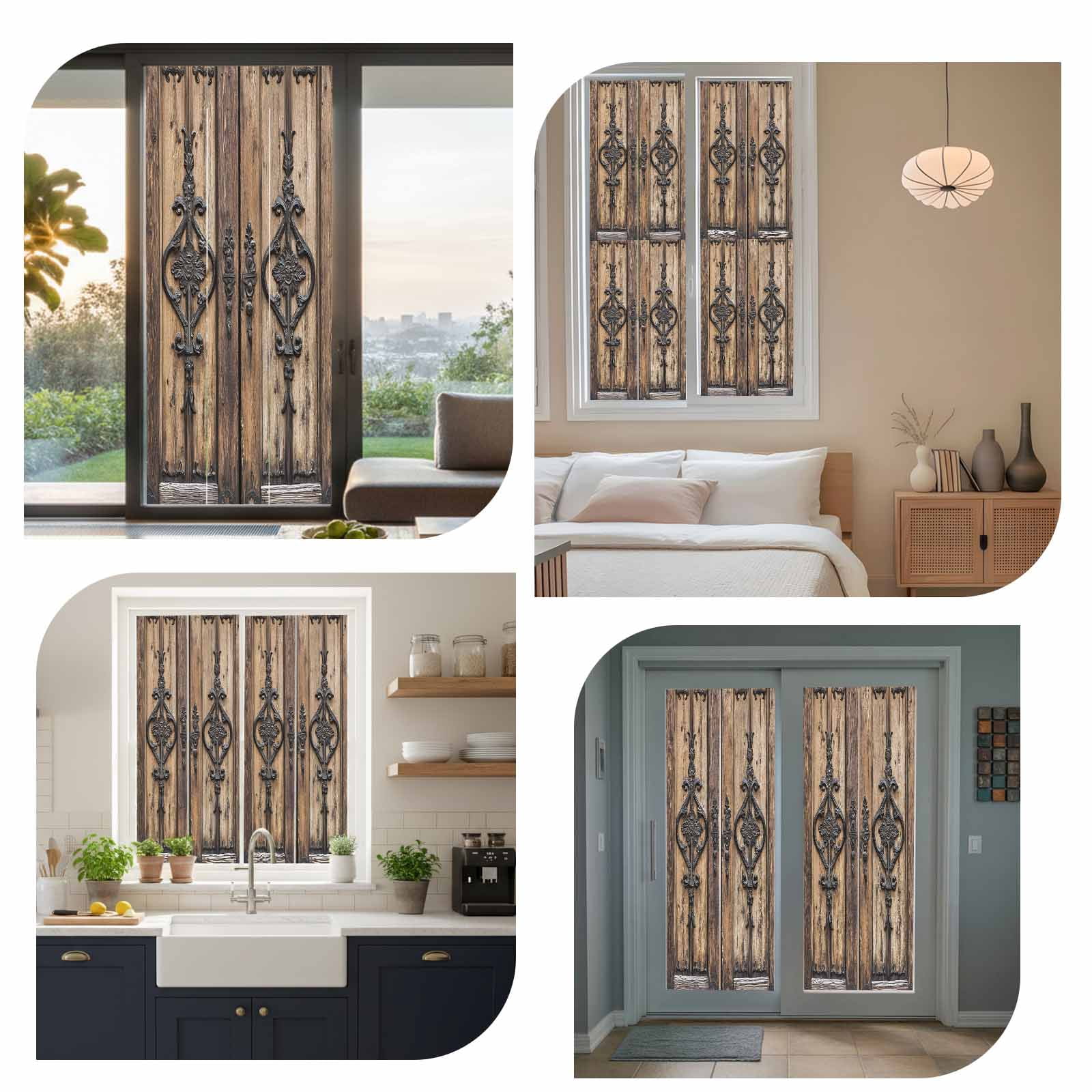 Wooden Plank Window Privacy Film, Rustic Farmhouse Brown Black Barn Door Static Cling UV Sun Blocking Heat Control Window Tint Day and Night, Non-Adhesive One Way Windows Privacy Cover 29.5''x78.7''