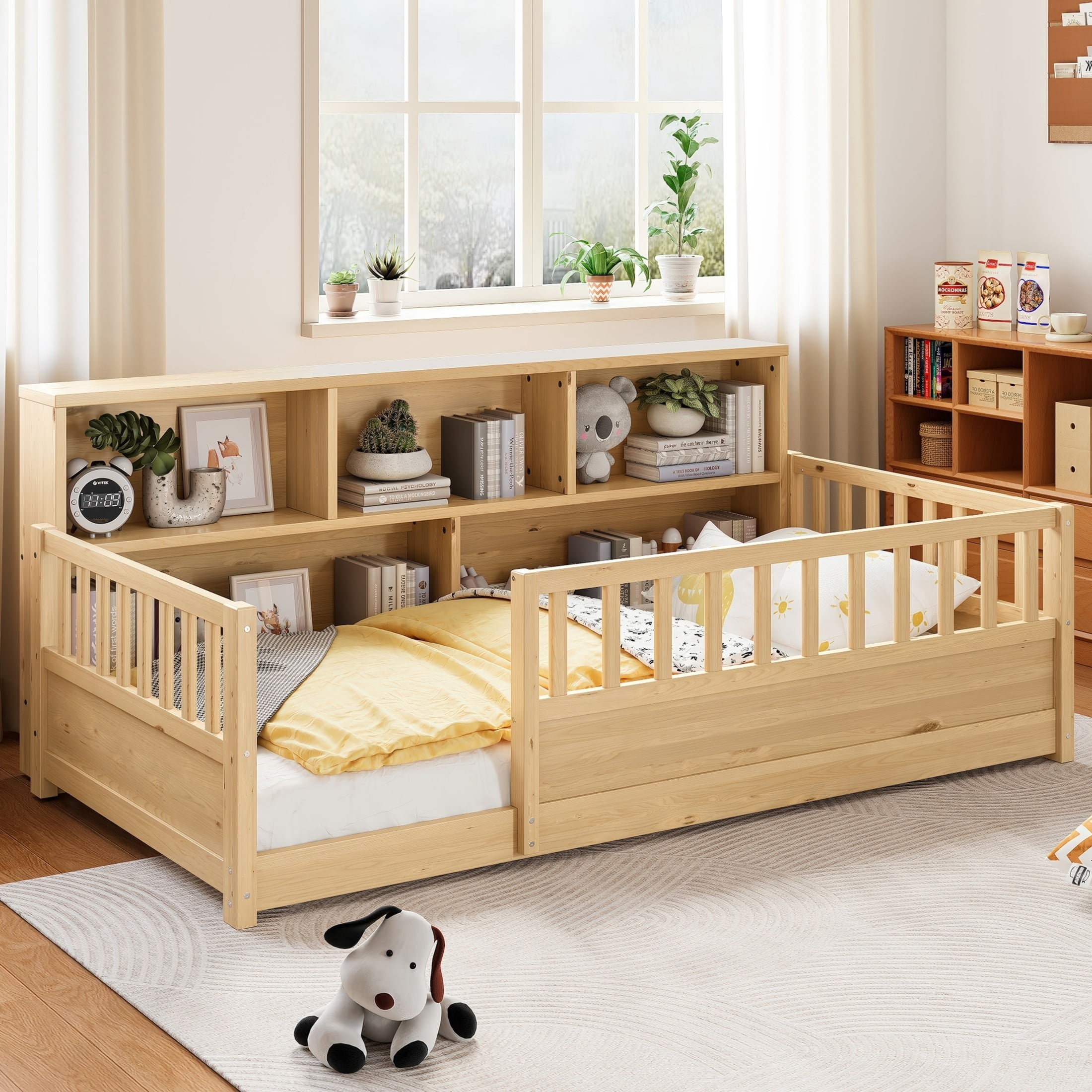 Noble House Twin Size Montessori Floor Bed with Fence Guardrails and Side Storage Shelf, Natural