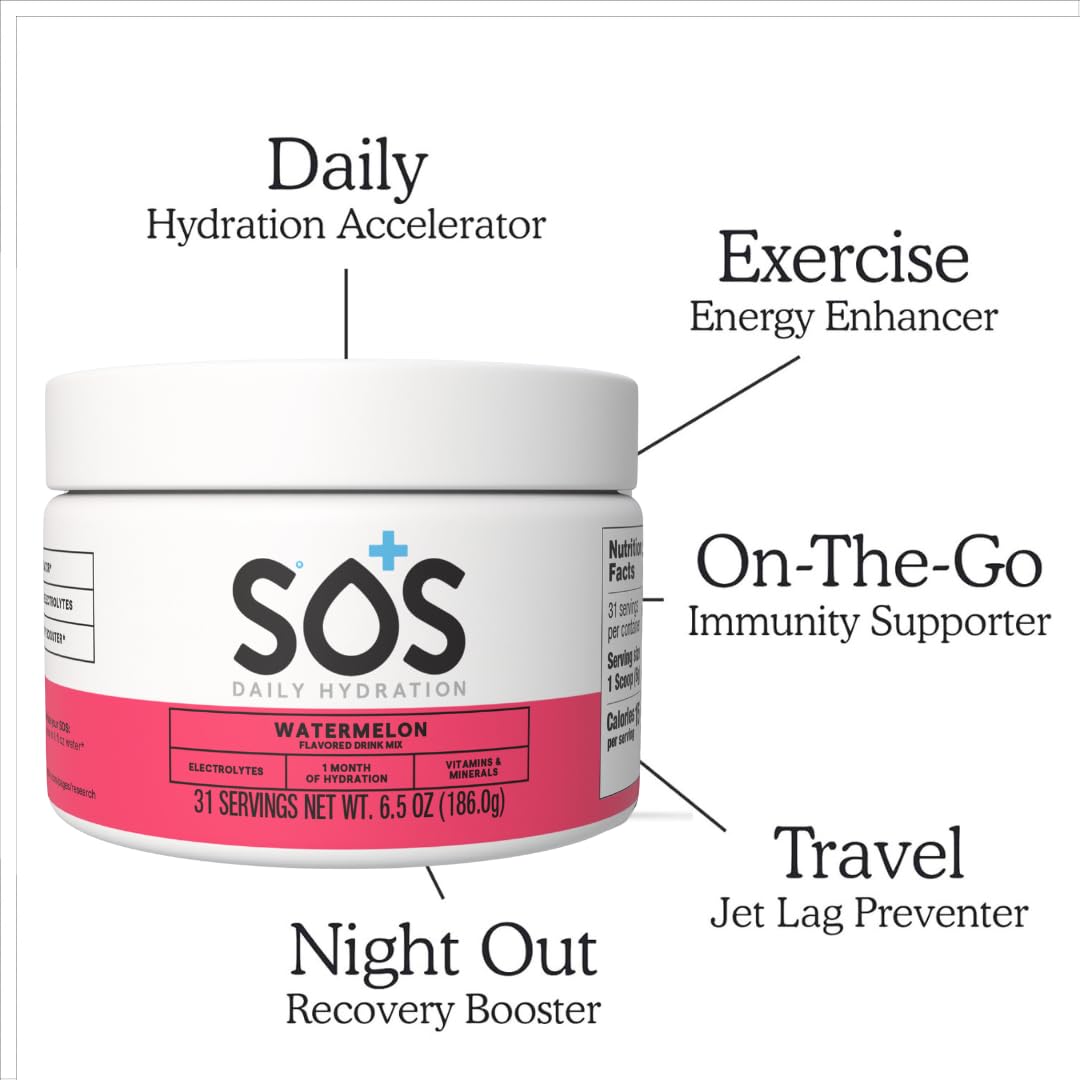 SOS Hydration Daily Electrolyte Drink Mix, Watermelon, 31-Serving Tub, Low Sugar, Vitamins B6 B12 C D, Potassium Magnesium Zinc