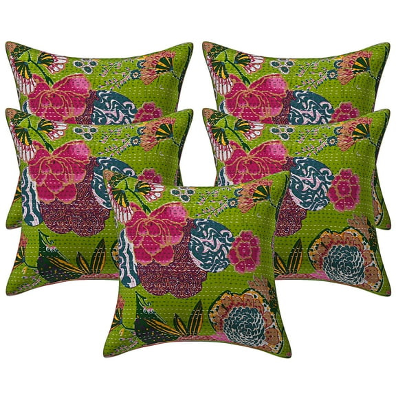 Stylo Culture Indian Settee Sofa Throw Pillow Covers 16 x 16 Kantha Parrot Green Printed 40x40 cm Home Decor Cotton Tropicana Square Cushion Covers | Set Of 5