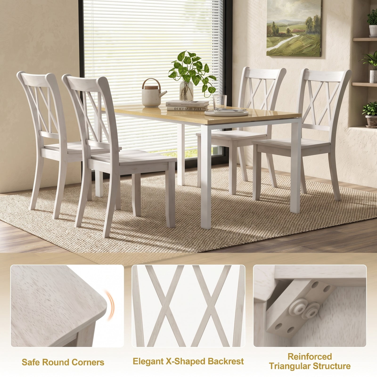 Furnibear Set of 2 Wooden Dining Chairs, Mid Century Modern Farmhouse Kitchen Side Chairs with High Backrest and Rubber Wood Frame for Dining Room, White
