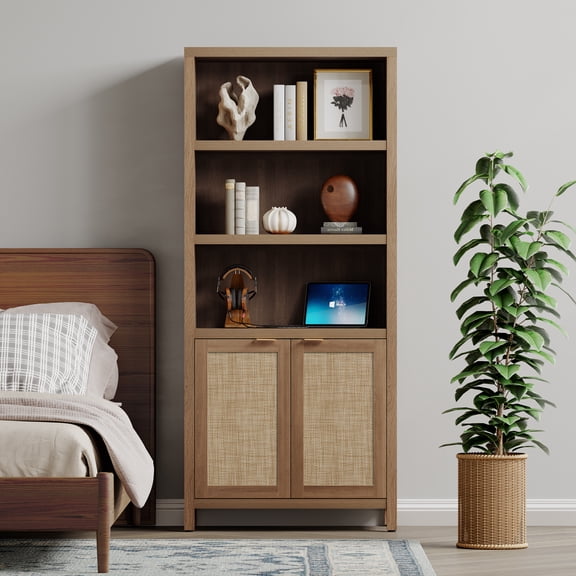 SICOTAS Rattan 5 Tier Library Bookcase, 5 Shelf Bookcase with Doors