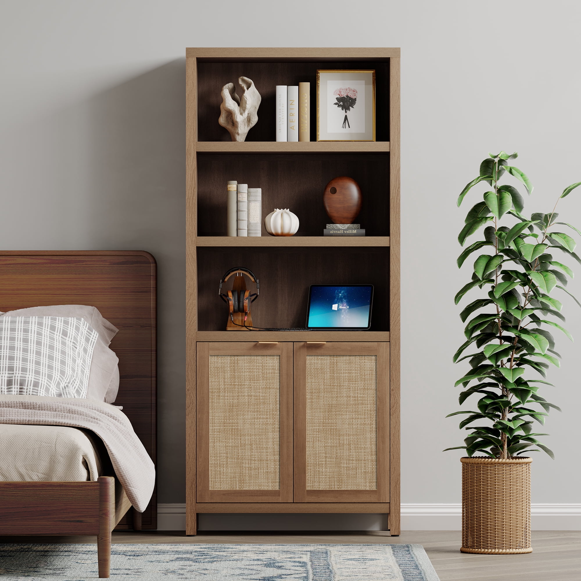 SICOTAS Rattan 5 Tier Library Bookcase, 5 Shelf Bookcase with Doors