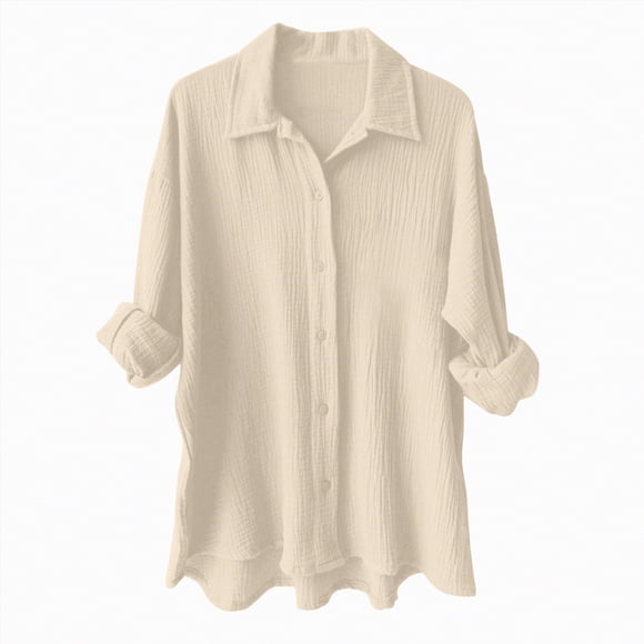 WUANDIXFA Casual Tops for Women Women's Long Sleeve Button Down Shirt Blouse for Women Elegant Tunics Summer Tops Long Blouse Oversized Shirt Casual for Leggings Beige,L