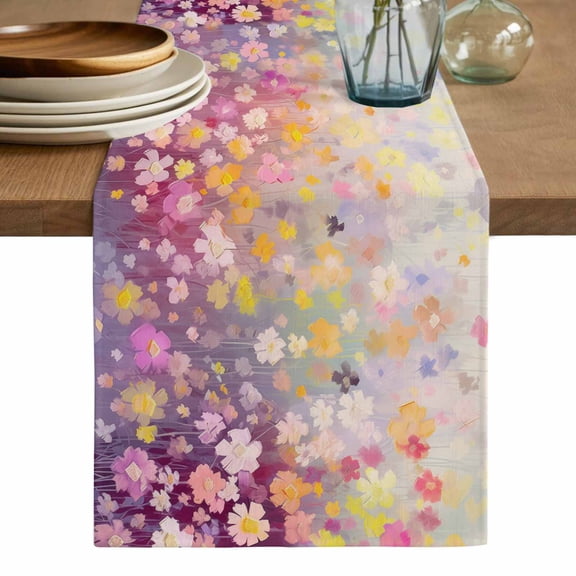 Spring Floral Cotton Linen Table Runner for Dining Kitchen, Modern Oil Painted Daisy Botanical Elegant Wedding Outdoor Party Tablerunners, Dresser Scarf Coffee Tablecloth Runners 13x108 Inches