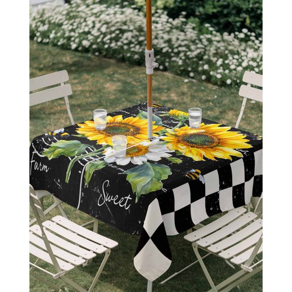 Outdoor Tablecloth with Umbrella Hole, Farm Sunflower Plant Bee Zippered Table Cloth for Rectangle Tables, Black and White Checker Washable Waterproof Tablecloths for Picnic Patio Garden