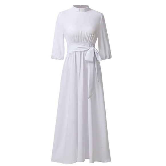 GRACEART Women Clergy Dress Audrey Hepburn Style Dress Tie Belt Priest Pastor Tab Collar