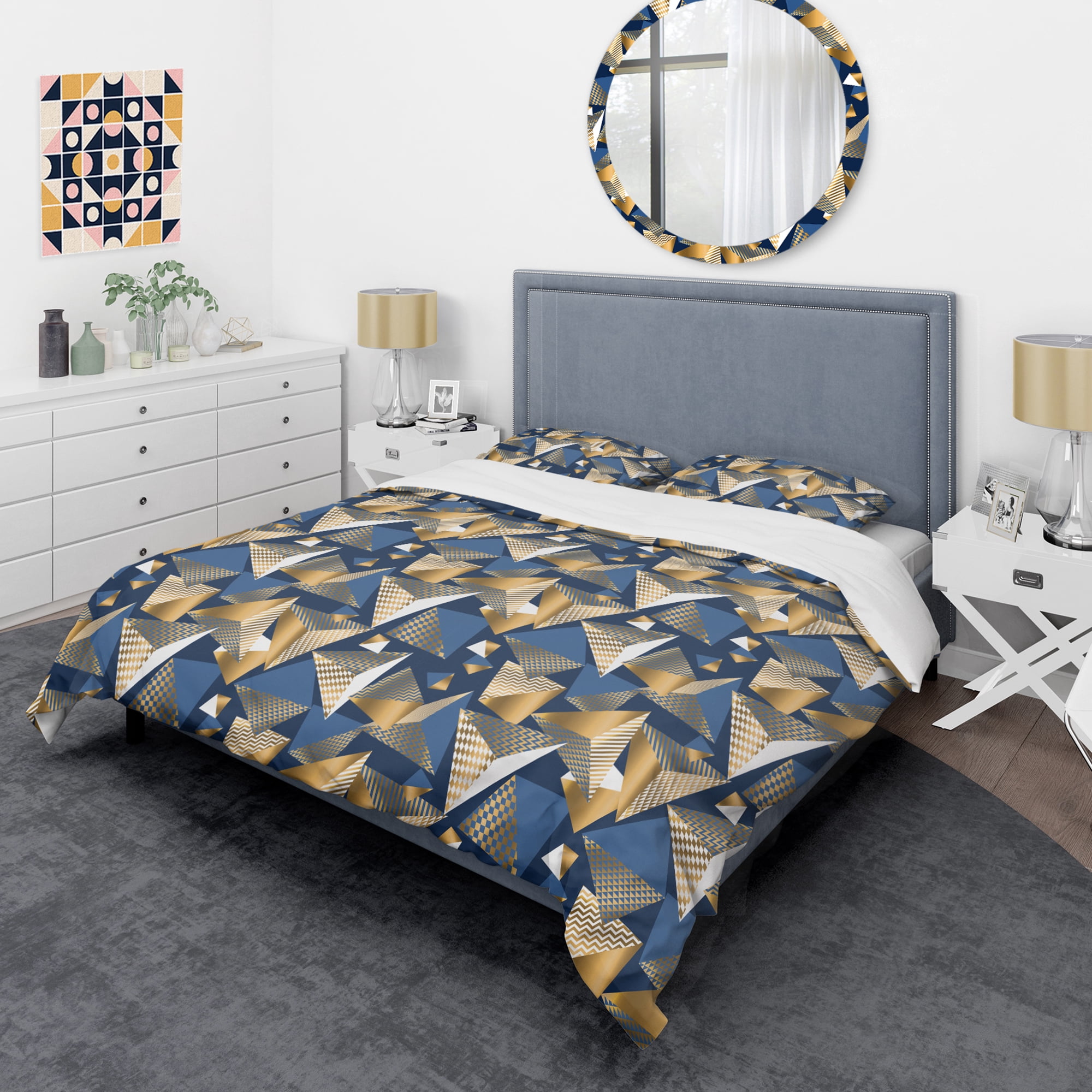 Designart 'Gold And Blue Cubes' Mid-Century Modern Duvet Cover Set