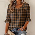 thumbnail image 2 of ZCNKMX Shirts for Women Crew Neck Plaid Grid Print 3/4 Sleeve Blouse, Tie Front Ruffle Hem Loose Relaxed Breathable Farmhouse Casual Outfits for Spring Summer Daily Country Style Tops Brown XL, 2 of 7