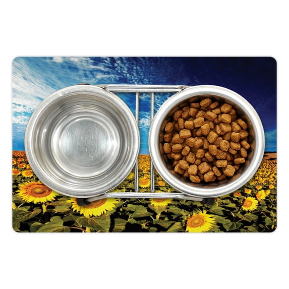 Sunflower Pet Mat for Food and Water, Exposure Photo of Flower Garden Field Skyline Summer Nature Image, Non-Slip Rubber Mat for Dogs and Cats, 18" X 12", by Ambesonne