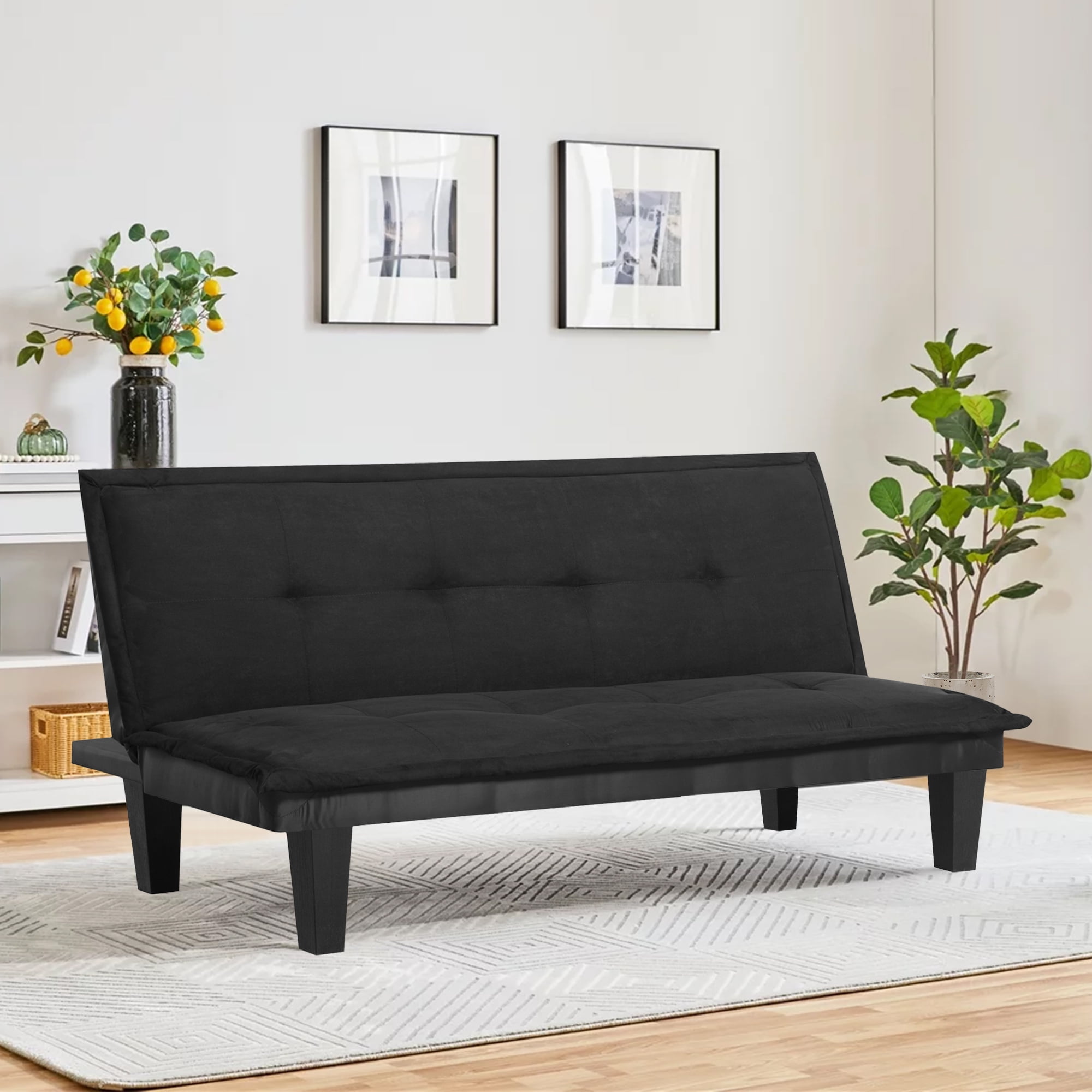 Modern Faux Suede Convertible Futon Sofa Bed,Upholstered Futon Couch with 3 Adjustable Backrest Angles,Suitable for Apartment,Living Room,Small Space,Black
