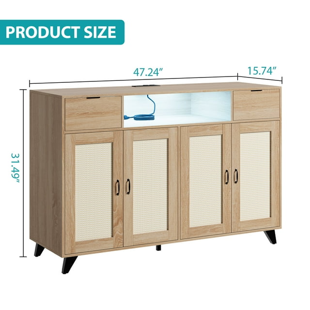 Rattan Sideboard Buffet Cabinet with Storage - 2 Drawers, 4 Doors, Adjustable Shelves, Power Outlet, Console Table Coffee Bar for Living Room, Dining Room, Hallway, Kitchen, Boho Modern, Wood Color