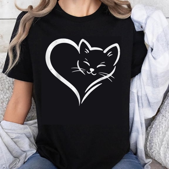 100% Cotton Cat Heart Love Design Women's Casual Black T-Shirt
