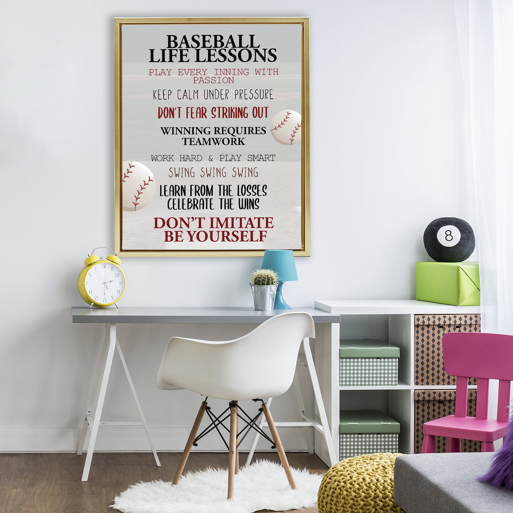 Baseball Life Lessons Gold Framed Floater Canvas Wall Art, design by Kim Allen