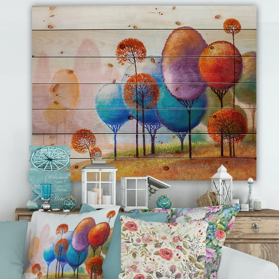 Designart 'Colourful Trees Abtract Impression III' Traditional Print on Natural Pine Wood