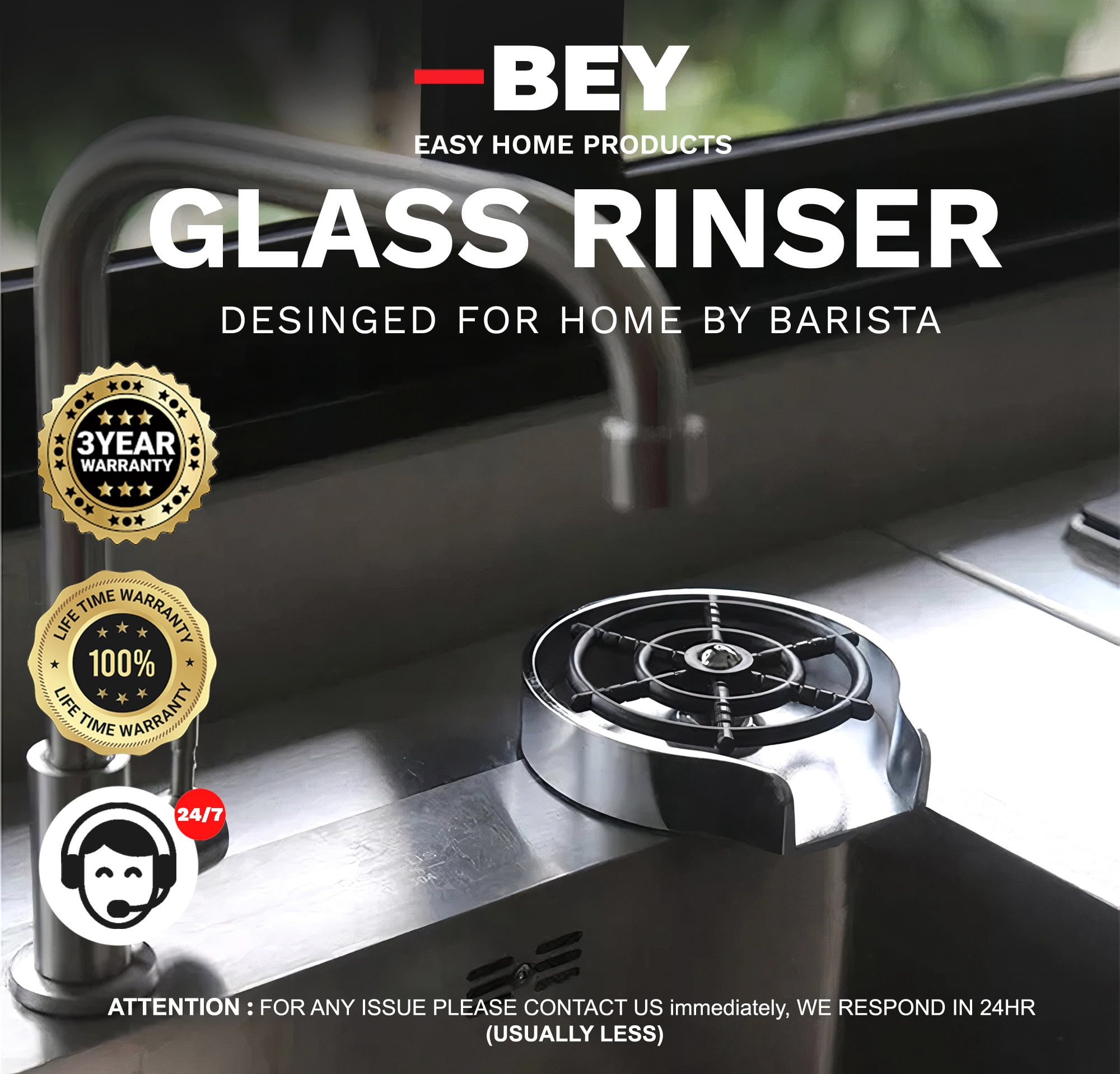 BEY Automatic Glass Rinser - Powerful Cup Washer for Kitchen Sink, Stainless Steel Baby Bottle Cleaner Sinks Attachment, Bar Accessories Spray Metal