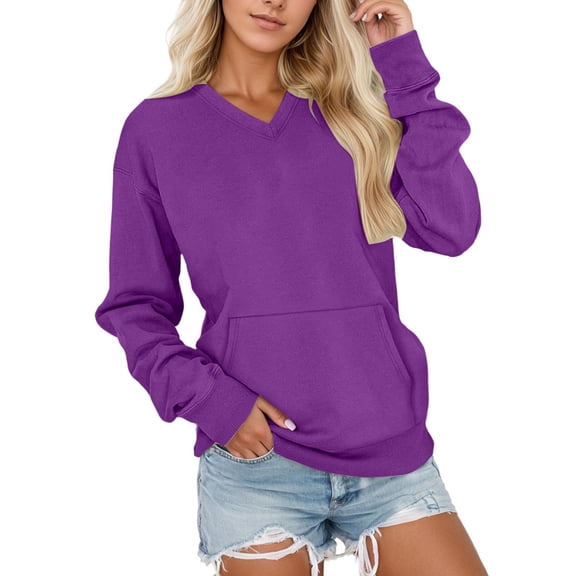 Xioanu Womens Sweatshirts Y2K V-Neck -Lined Hoodless Sweatshirt Cute Solid Color Leisure Long Sleeved Hooded Sweatshirt