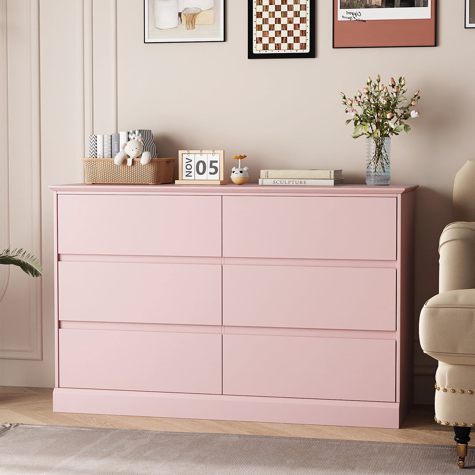 Bedroom Dresser 6 Drawer Storage Chest of Drawers Double Dresser Storage Side Cabinet Room Furniture for Bedroom Living Room
