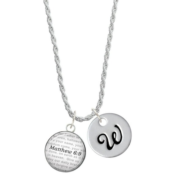 Delight Jewelry Silvertone Domed Matthew 6:9 Silvertone Script Initial Disc - W - Charm Necklace, 20"+3"