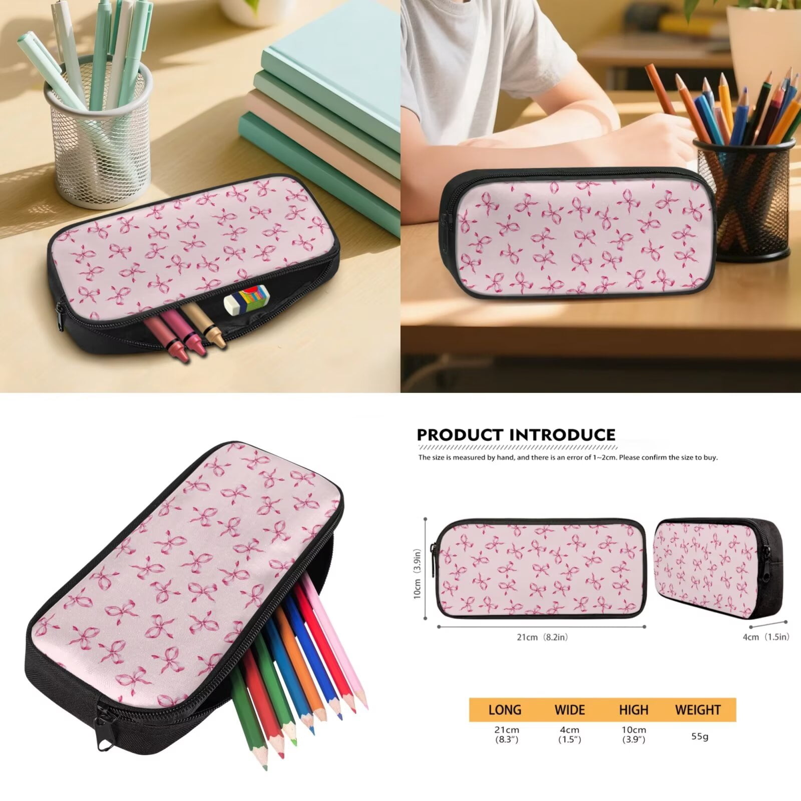 Pzuqiu Pink Bow Print Backpack for Girls 5 Piece School Bookbag with Lunch Bag Lightweight School Bag for Girls 10-12 Elementary Backpack with Water Bottle Holder Pencil Box