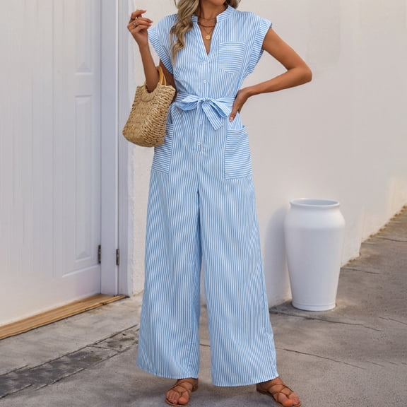 Sleeveless V-neck blue and white striped jumpsuit