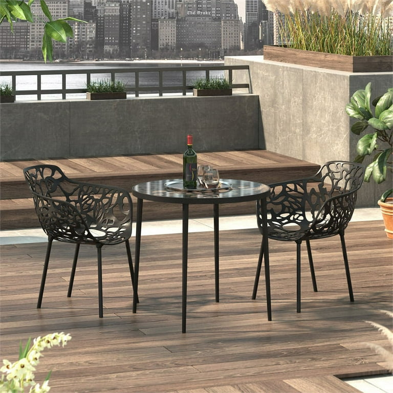 LeisureMod Devon Modern Outdoor Aluminum Bistro Set 1 Table 2