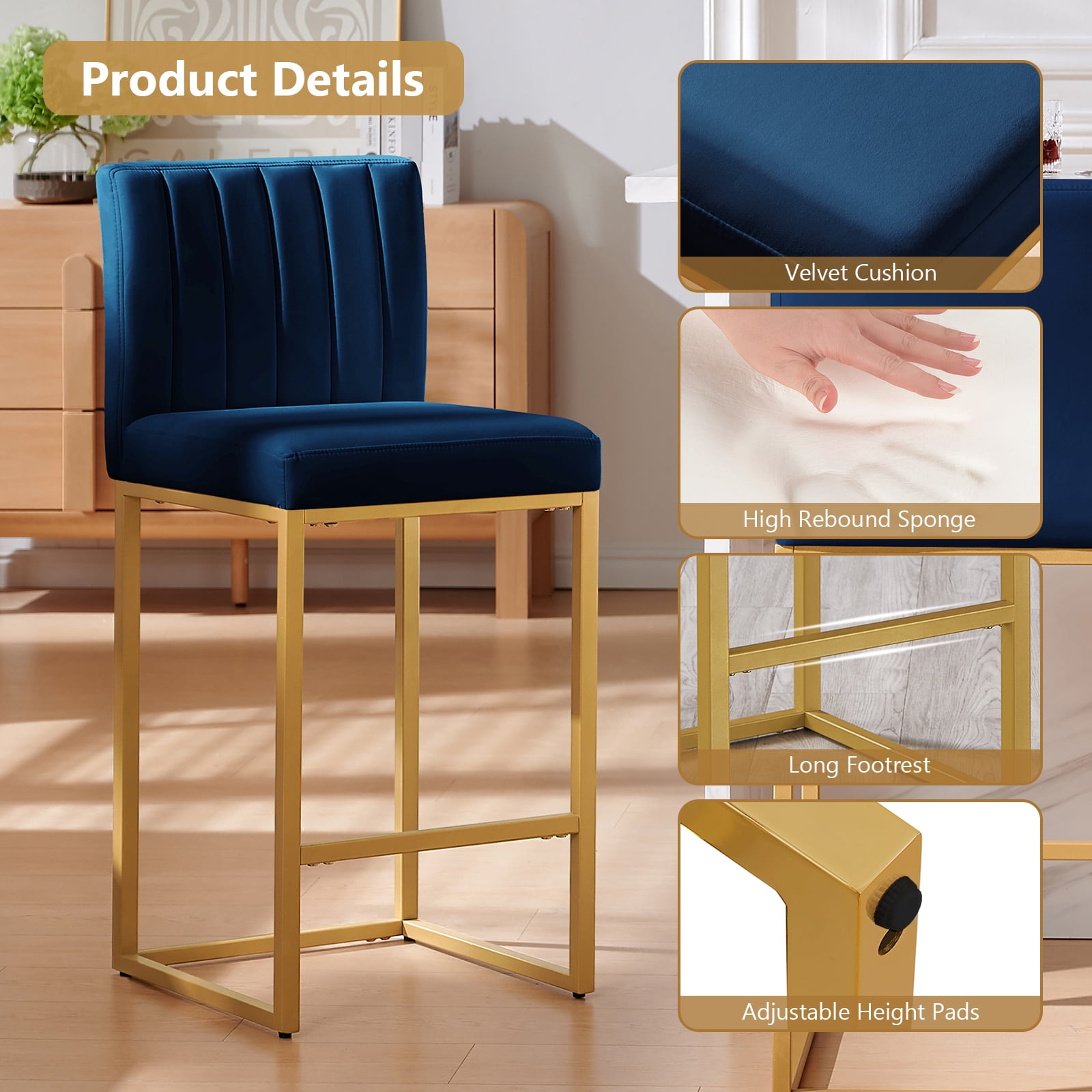 27 Inch Bar Stool, Velvet Counter Height Bar Stools, Set of 4 Bar Chairs with Back and Metal Legs, Kitchen Island Counter Stools for Pub, Dinning Room, Cafes