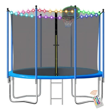 Trampoline for Kids and Adults, Segmart 10Ft Trampoline with Basketball Hoop, Outdoor Trampoline with Safety Enclosure Net and LED Lights, Recreational Trampoline for Backyard Patio