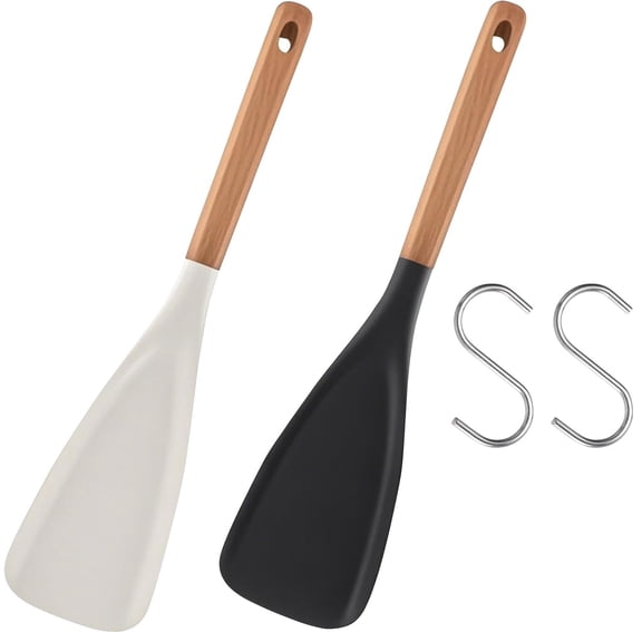 Cooking Spoon for Nonstick Cookware, Silicone Spoon Spatula Set with Wooden Handle, Heat-Resistant for Kitchen Cooking Utensils, 2 Pack