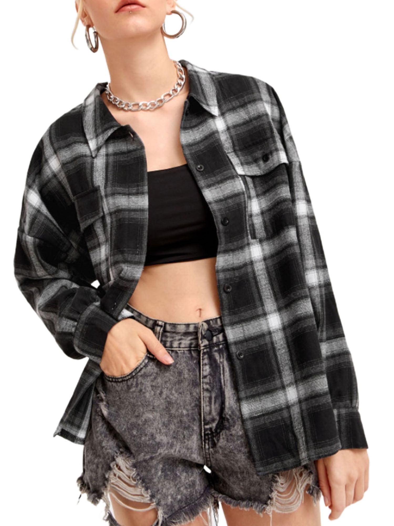 Meihuida Women Plaid Shirt Flannel 